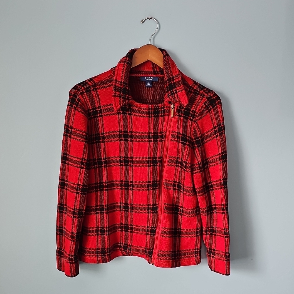 Chaps Red & Black Plaid Sweater Moto Jacket Size Large